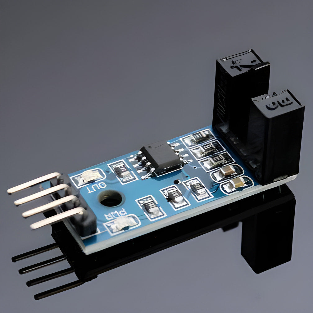 Arduino RPM Sensor Rotational Speed Measuring Sensor - a blue circuit board, a black U-shaped optical sensor, and four metal output pins.