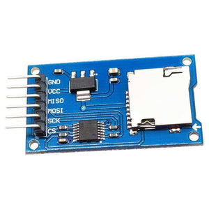 Arduino SD Card Reader Module - a blue rectangular circuit board featuring a six-pin header, a silver SD card slot, and integrated electronic components.