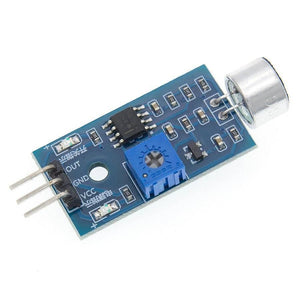 Arduino Sound Detector Sound Sensor Arduino Mic Voice Module For Arduino Ky-038 Ky 038 KY038 - a blue circuit board, a silver microphone, an adjustable potentiometer, an IC chip, and a three-pin output header.