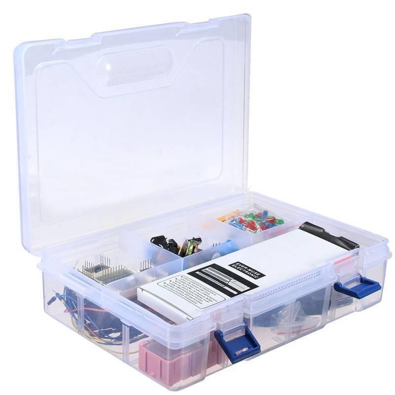 Arduino Starter Kit Arduino Basic Kit Arduino Beginner Kit - shown in an open, clear plastic organizer box containing various electronic components, wires, and a white rectangular box.