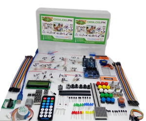 Arduino Starter Kit Arduino Basic Kit Arduino Beginner Kit - a white plastic case containing an Arduino board, LCD screen, remote control, jumper wires, LEDs, buttons, and electronic parts.