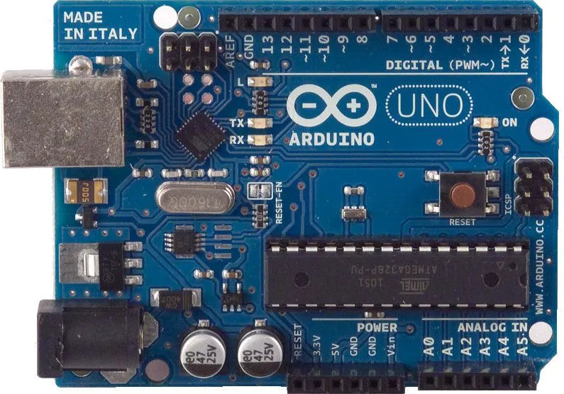 Arduino Uno R3 - a blue rectangular microcontroller board featuring a large central chip, a USB port, a power jack, and various digital and analog pins.
