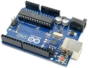 Arduino Uno R3 - a blue microcontroller board featuring a large integrated circuit chip, USB port, power jack, reset button, and pin headers.