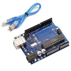 Arduino Uno R3 DIP With USB Cable Without Arduino Logo - a blue microcontroller board with a USB port, power jack, and headers, accompanied by a blue USB cable.