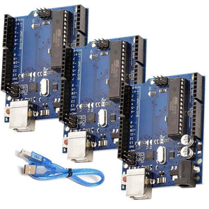 Arduino Uno R3 DIP With USB Cable Without Arduino Logo - three blue microcontroller boards with USB ports and a blue USB cable.