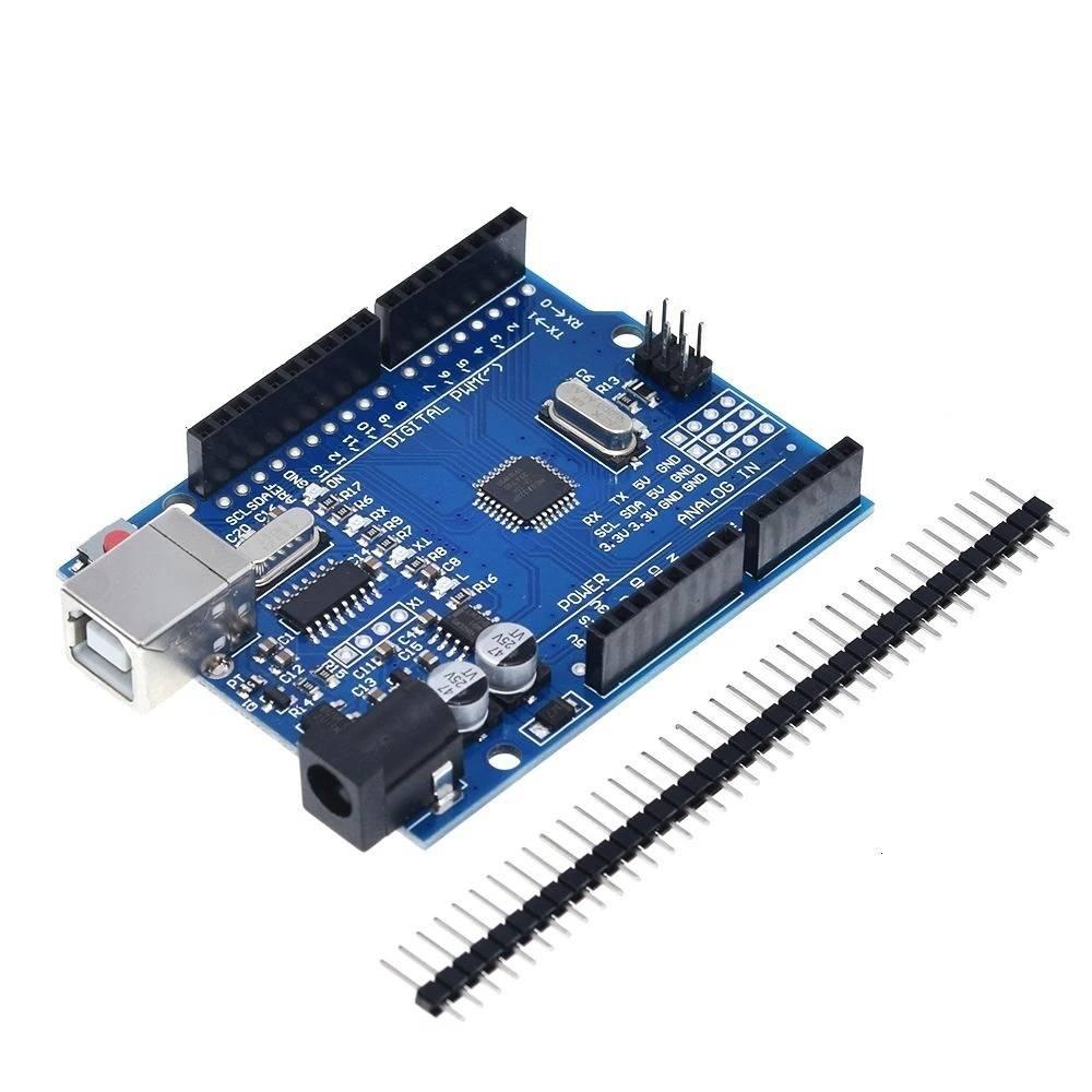 Arduino Uno R3 SMD Board Kit Without USB Cable - a blue microcontroller board with a USB port, power jack, and pin headers, accompanied by a separate row of header pins.
