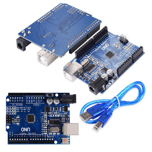 Arduino Uno With USB Cable SMD - two blue Arduino Uno boards, one viewed from the top and one from the bottom, alongside a blue USB cable.