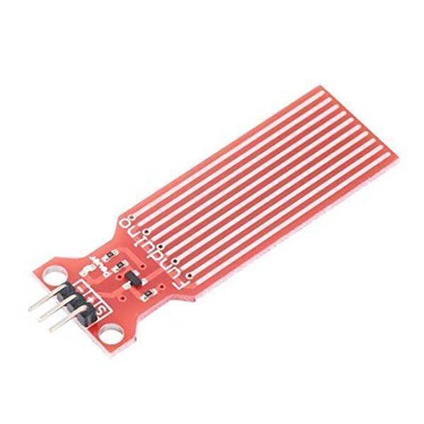 Arduino Water Level Sensor - a red rectangular circuit board with striped conductive traces and a three-pin connector at the base.