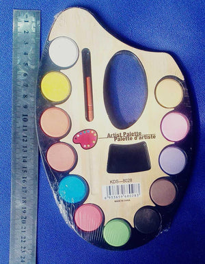 Artist Palette 12 Water Color Paints For Kids - Large Water Colors 12 Color - Brush - a wooden palette with twelve paint circles, a brush, and a ruler measuring the item's length.