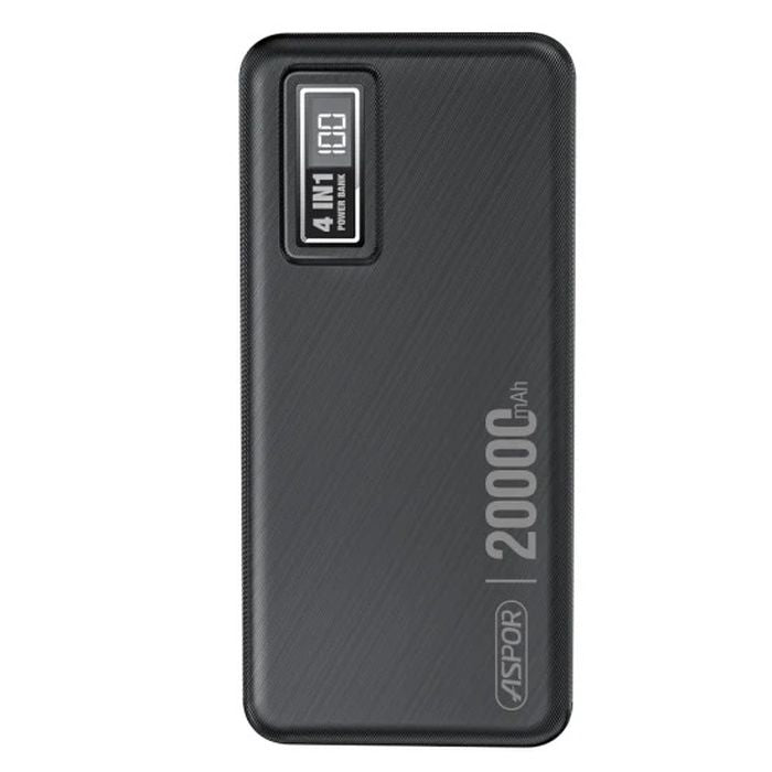 Aspor A301 4 In 1 Power Bank 20000mAh With LCD Digital Display - a black, rectangular portable charger featuring a digital display screen showing 100 percent battery capacity.