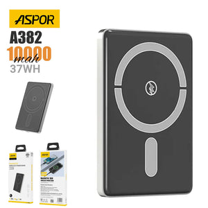 Aspor A382 Wireless Charging 10000mAh Power Bank Max 15W Fast Charging PD20W - a grey magnetic wireless charger with a circular charging ring, plus smaller views of the device and its retail box.