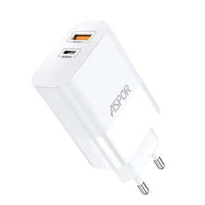 Aspor A851 Eu Charger Adapter 65W QC3.0 Wall Multi Port USB - a white wall plug featuring one USB-A port labeled QC3.0 and one USB-C port labeled PD65W.