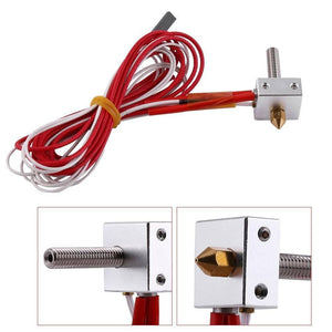 Assembled Aluminum Heating Block Extruder Hot End For 3d Printer 1.75mm MK8 - a silver metal block with a brass nozzle, threaded heat break, and red wires.