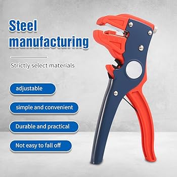 Automatic Insulated Cable Wire Stripper Remover Cutter Pliers - shown in red and blue with a central circular pivot and adjustable cutting jaws.