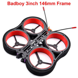 Badboy 3inch 146mm Full Carbon Fiber HD Indoor Duct Fpv Racing Frame Kit For Rc Drone Multicopter DIY Motor Spare Parts Yyds - a black carbon fiber drone frame kit with four red circular propeller ducts and two antennas attached.