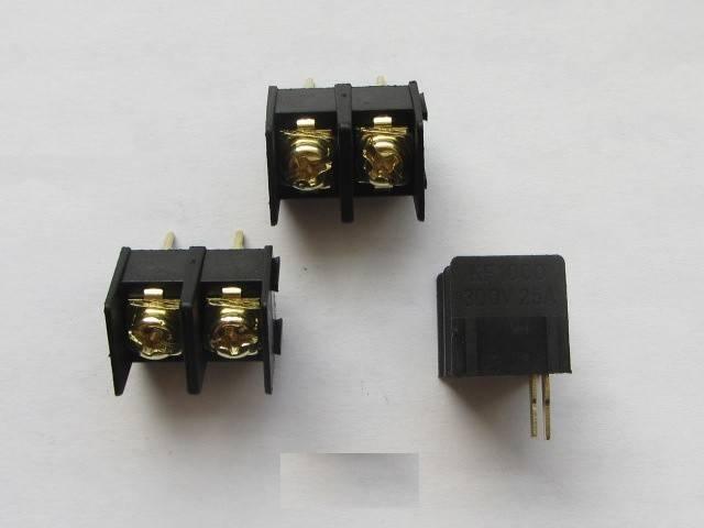 Barrier Terminal Block Connector 7.62mm (KF25) - three black, two-position screw terminal blocks with gold-toned metal connectors on a white background.