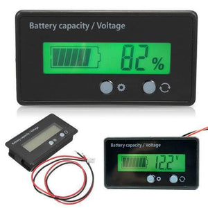 Battery Capacity Meter 12V-48V Lead-acid Battery Capacity And Voltage Indicator - three units with green displays, two buttons, and a red-black wire.