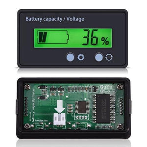 Battery Capacity Meter 12V-48V Lead-acid Battery Capacity And Voltage Indicator - the black front display reading 36% and the green circuit board back with a white connector and two buttons.
