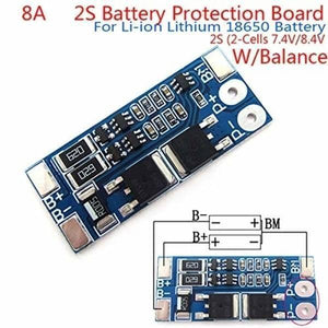 Battery Protection Board 2s 8A BMS For 18650 Lithium Ion Cells HX-2S-JH10 - two blue rectangular circuit boards with solder pads, electronic components, and a wiring diagram.