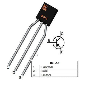 BC558 PNP Transistor - a black three-pin component, a schematic symbol, and a table identifying the collector, base, and emitter pinout.