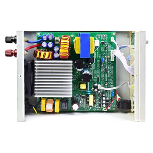 Bench variable Power Supply 100V 5A 500W price - the internal green circuit board, cooling fan, heat sink, transformers, and red and black output terminals.
