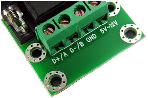 Bi Directional Communication Data RS232 To RS485 Serial Converter STM485S - close-up of the green PCB terminal block with D+/A, D-/B, GND, and 5V~12V labels.