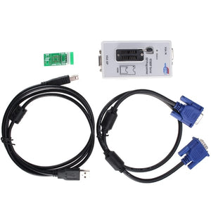 Bios RT809F Serial Isp Programmer RT809 - RT809F Serial ISP Programmer shown with a white programmer unit, a small green circuit board, a USB cable, and a VGA cable with two blue connectors.