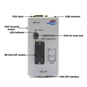 Bios RT809F Serial Isp Programmer RT809 With 3 Adapters - a white rectangular device featuring a 3M Gold ZIF socket, VGA ports, a USB interface, and a status LED indicator.