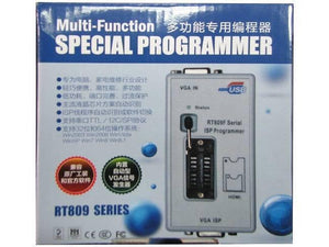 Bios RT809F Serial Isp Programmer RT809 With 3 Adapters - shown in its blue and white retail packaging, featuring a VGA port, status LED, ZIF socket, and HDMI port label.