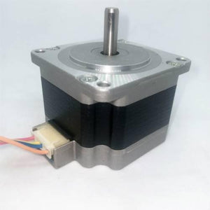 Bipolar NEMA23 1A Stepper Motor 4 Wire Stepper Motor - a silver and black square-bodied motor with a vertical metal shaft and a white four-pin connector with colored wires.