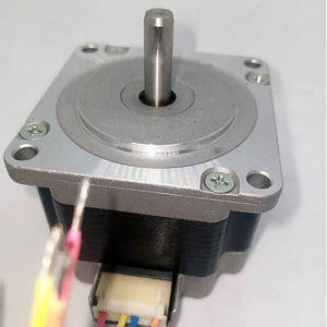 Bipolar NEMA23 1A Stepper Motor 4 Wire Stepper Motor - a silver square-flanged motor with a central shaft and a white four-pin connector with loose coloured wires.