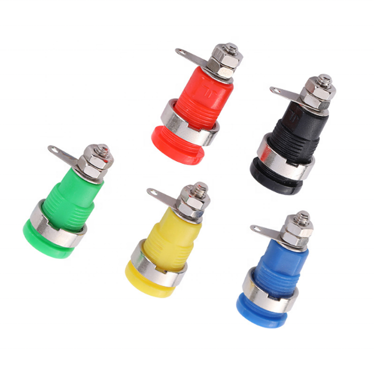 Black Color 1 Piece 4mm Banana Socket Plastic Nickel Plated Banana Plugs Sockets Panel Mount Socket Banana Jack - five panel mount banana jacks in red, black, green, yellow, and blue, each with a metal terminal and nut.