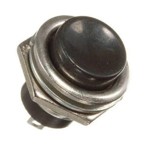 Black Momentary Spst Cap Push Button Switch AC 6A 125V 3A 250V Lwus - a small, round black button mounted in a metallic threaded housing with two electrical terminals at the base.