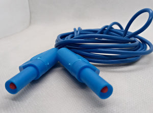 Blue Banana Clip Wires 2 Meter - High Quality Testing Leads - shown as a coiled blue cable with two blue connectors featuring red tips.