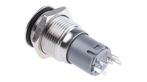 Blue Color 16mm Water Proof Metal Power Switch With Light Push On Push Off Spdt - shown as a silver-toned cylindrical metal button with a grey plastic base and five metal connector pins.