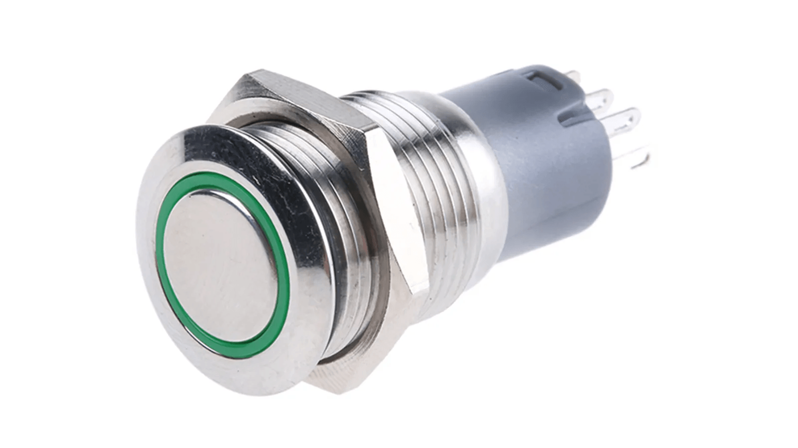 Blue Color 16mm Water Proof Metal Power Switch With Light Push On Push Off Spdt - with green LED ring, showing a silver cylindrical push-button with a threaded body and electrical terminals on the back.
