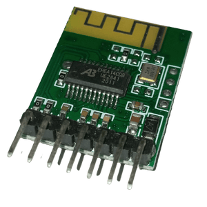 Bluetooth 4.0 Audio Receiver Stereo Wireless Speaker Module - a green circuit board with a chip, antenna, and a row of six metal connector pins.