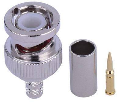 BNC Male Connector - shown as a three-piece set including the silver metal connector body, a separate cylindrical crimp sleeve, and a gold-plated center pin.