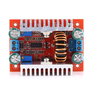Boost Module 15A 400W DC-DC Step-up Boost Converter Module - a red circuit board with two heatsinks, a copper inductor, blue screw terminals, and potentiometers.