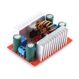 Boost Module 15A 400W DC-DC Step-up Boost Converter Module - shown as an orange circuit board with two silver heatsinks, a copper coil, and blue terminals.