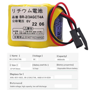 BR-23AGCT4A 6V 4400mAh Disposable Lithium PLC Battery - a yellow, cylindrical battery pack with a black two-pin connector attached by red and black wires.