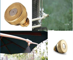 Brass Misting Nozzle 0.5mm Water Sprayer Fogging Nozzle - shown in two close-up product views and two application photos attached to tubing and an umbrella.