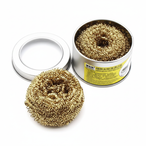 Brass Wire Sponge Soldering Iron Tip Cleaner with Metal Tin Box - a gold-coloured wire sponge inside a round metal tin with an open lid.