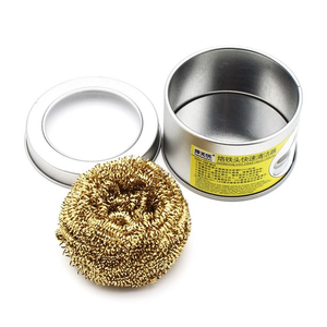 Brass Wire Sponge Soldering Iron Tip Cleaner with Metal Tin Box - a gold-coloured wire sponge next to an open metal tin container with a yellow label.