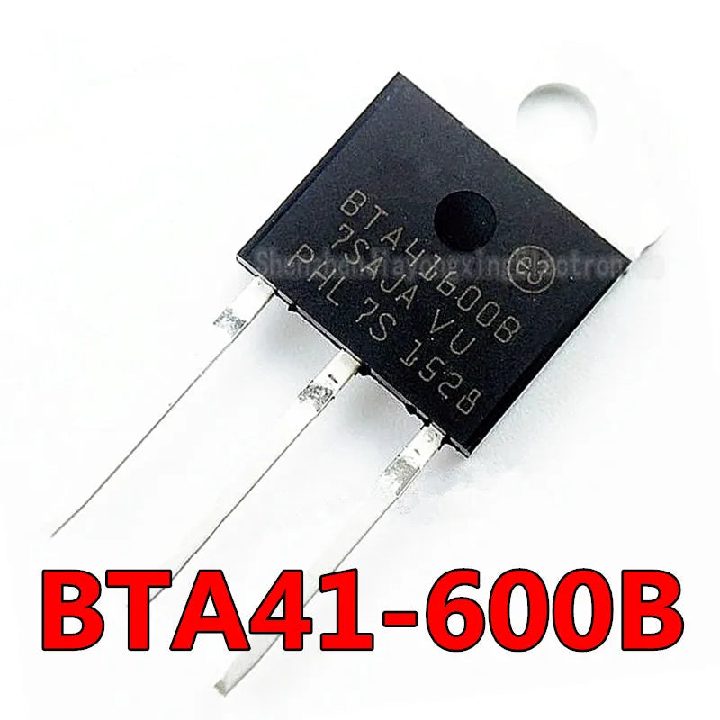 BTA41600 TRIAC - BTA41-600B TRIAC, a black three-pin electronic component with a metal mounting tab, shown in a close-up against a white background.