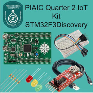 Bundle Piaic Quarter 2 IOT Kit STM32F303VC Discovery - a green microcontroller board, a breadboard, jumper wires, three LEDs, resistors, and a USB cable.
