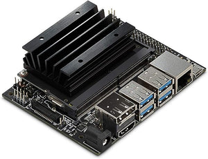 Buy Nvidia Jetson Nano 4GB Developer Kit B01 - a black circuit board with a large heatsink, USB ports, Ethernet port, HDMI port, and power connector.