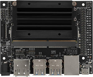 Buy Nvidia Jetson Nano 4GB Developer Kit B01 - a black circuit board with a central heatsink, USB ports, Ethernet port, and various pin connectors.