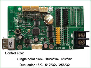 Bx-u2l P10 LED Signs Control Card, P10 Display Module Control Card, Single & Double Color Advertising LED Panel Controller - a green circuit board with a USB port, terminal block, pin headers, and printed text specifications below.