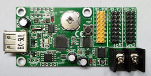 Bx-u2l P10 LED Signs Control Card, P10 Display Module Control Card, Single & Double Color Advertising LED Panel Controller - a green rectangular circuit board featuring a USB port, a button, multiple pin headers, and a two-terminal block.